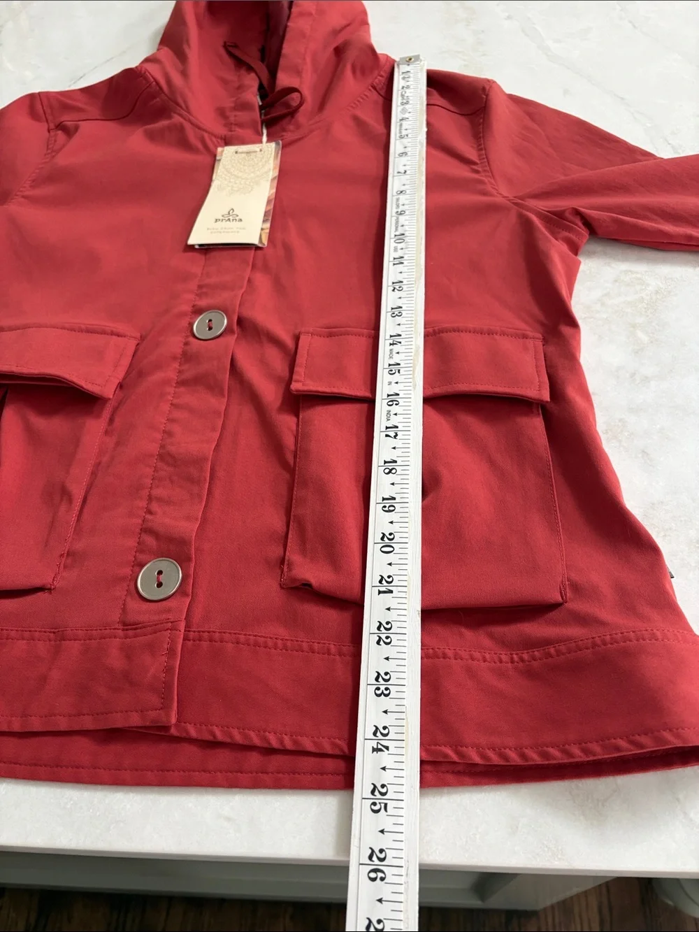 NWT Prana Terri Jacket in Tomato Hood Hidden Zip Front Water Repellant Size XL